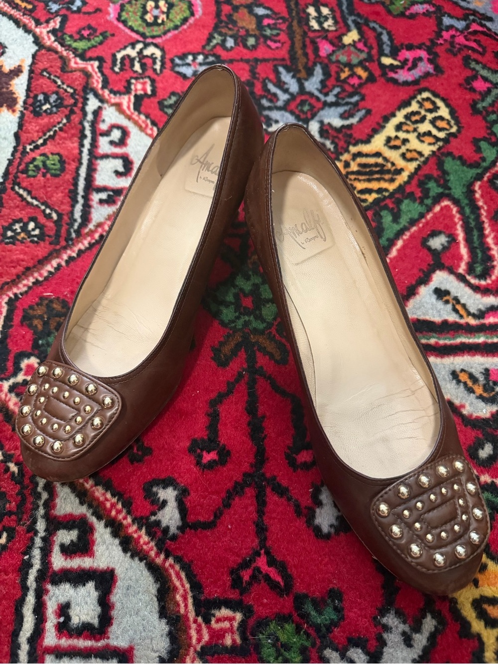 Vintage Amalfi Rangoni Brown Leather Studded Pumps 7.5 M